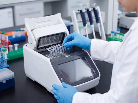 Researcher loading PCR tube strip into thermal cycler in laboratory