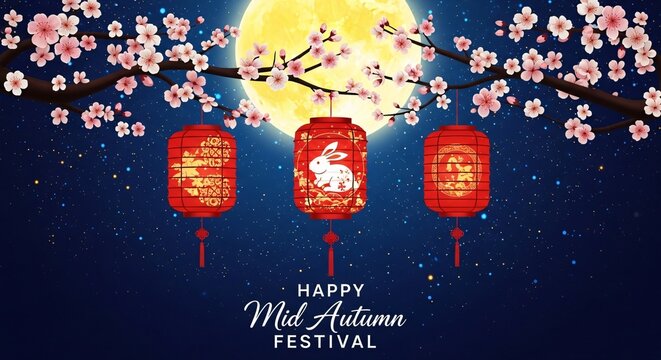 Happy mid autumn festival with red lanterns and cherry blossoms under a full moon