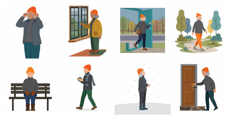 Fototapeta premium Vector Illustration Set of a Senior Woman Enjoying Winter and Autumn Outdoor Activities