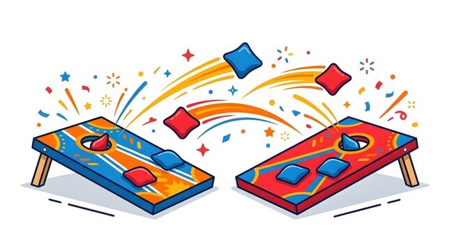 Vibrant Cartoon Illustration of Cornhole Game with Flying Bean Bags and Confetti