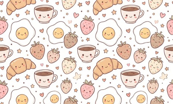 Cute kawaii breakfast food seamless pattern with coffee, egg, croissant and strawberry