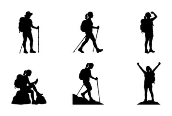 Fototapeta premium Silhouette Hikers, 6 Poses Vector Set: Mountain Adventure, Trekking, Backpacking, Outdoor Activity