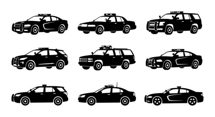 Police Car Icons, Law Enforcement Vehicles, Black Silhouette Collection, Security Service Transport © Indrani