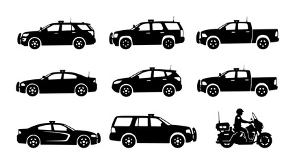 Police Vehicle Icons Set: Black Silhouette Cars, SUVs, Trucks, Motorcycle with Officer © Indrani