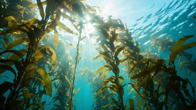 Underwater view of a giant kelp forest with sunlight piercing the ocean surface