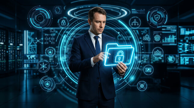 Man examining illuminated folder with lock icon in data center environment