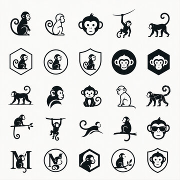 Set of minimalist monkey icons and silhouettes, simple monkey symbol collection in flat design