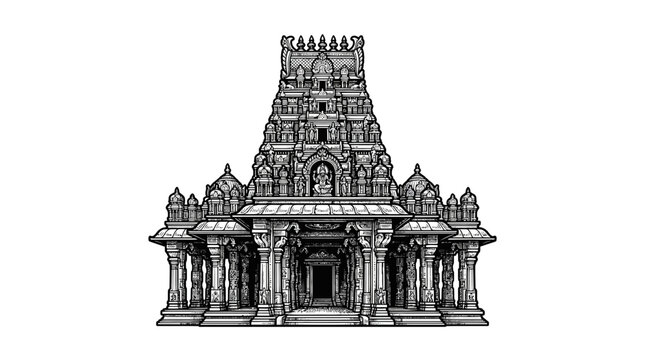 Traditional South Indian Hindu temple architecture line drawing.