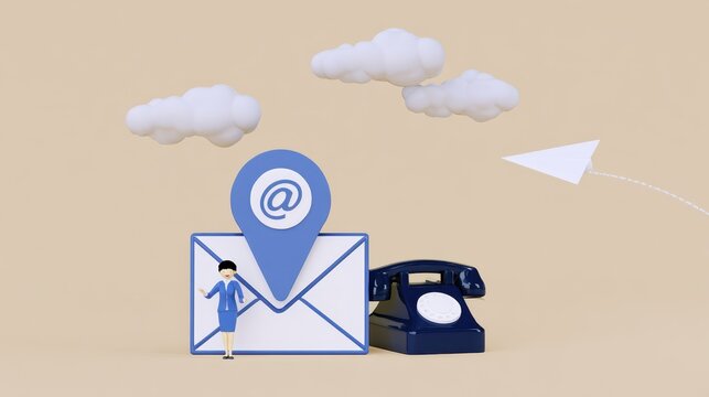 Miniature 3D contact us concept with email envelope, location pin, and vintage telephone.