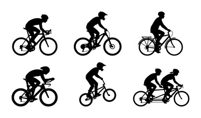 Fototapeta premium Diverse Bicycle Silhouettes Collection: Cyclists, Mountain Bikes, Tandem, Road Racing, BMX