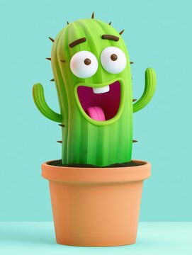 Cute 3D cartoon cactus character with a happy expression in a terracotta pot on blue