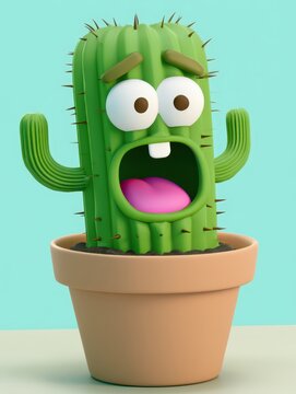 Funny 3D Cartoon Cactus Character with Surprised Expression in a Clay Pot