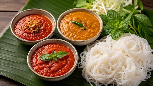 Traditional rice vermicelli set with spicy chili dips and fresh vegetables
