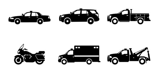 Fototapeta premium Emergency Vehicle Icons: Police Car, Ambulance, Tow Truck, Motorcycle, SUV