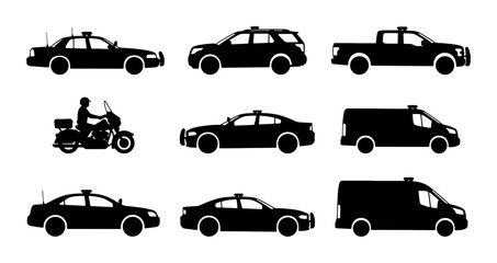 Police Vehicle Icons, Law Enforcement Transportation Silhouettes, Emergency Service Fleet Vector Set © Ridhi