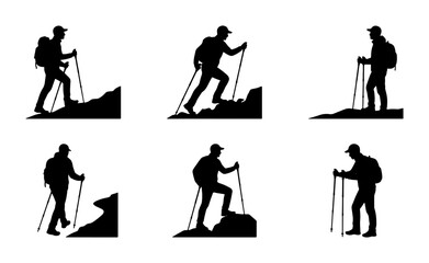 Fototapeta premium Hiking Silhouettes Set, Mountain Climbing Vector Icons, Trekking Adventure Graphics, Outdoor Activity Collection