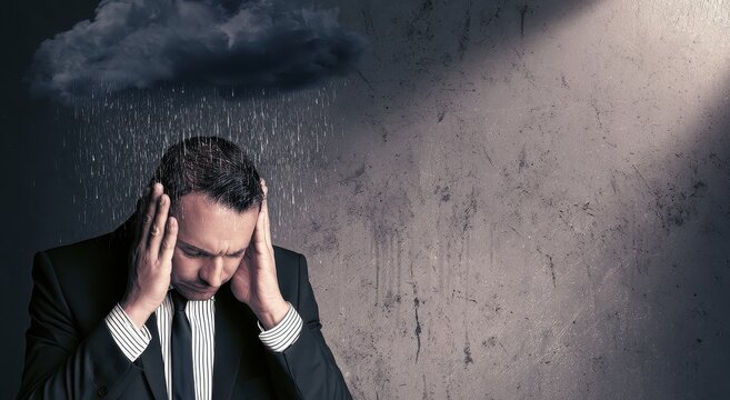 Stressed businessman in suit under rain cloud representing professional burnout and pressure