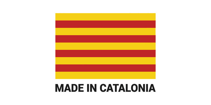 Made in Catalonia sign with Catalan flag stripes on transparent background.