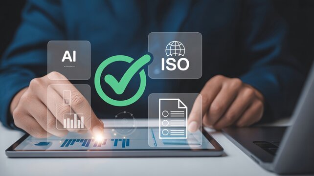 Professional using digital tablet for AI data analysis and iso compliance verification with business technology check mark quality management