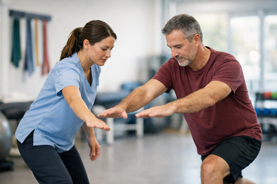 Physical therapist guides adult patient through rehabilitation exercise, demonstrating movement to support injury recovery, mobility, strength, patient care and physical therapy treatment.