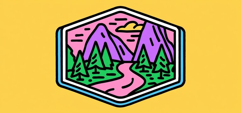 Hexagonal nature badge with stylized mountains, pine trees, and a winding river path design.