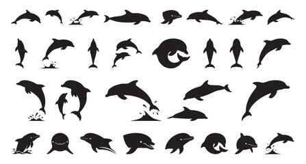 Fototapeta premium Adorable black dolphin images for children. Charming dolphin shapes ideal for nursery decorations and stickers. Whimsical black dolphin figures perfect for kids room art and crafts projects