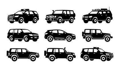 Fototapeta premium SUV Collection, Off-Road Vehicles, Adventure Cars, 9 Black Vector Icons