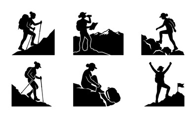 Fototapeta premium Hiking Silhouette Set, Mountain Climbing Vector Icons, Outdoor Adventure Graphics, Woman Trekking Collection