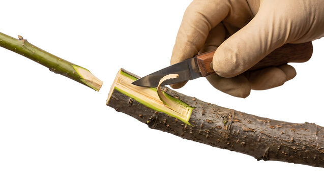 Gloved hand cutting tree bark with grafting knife for scion insertion isolated on transparent background