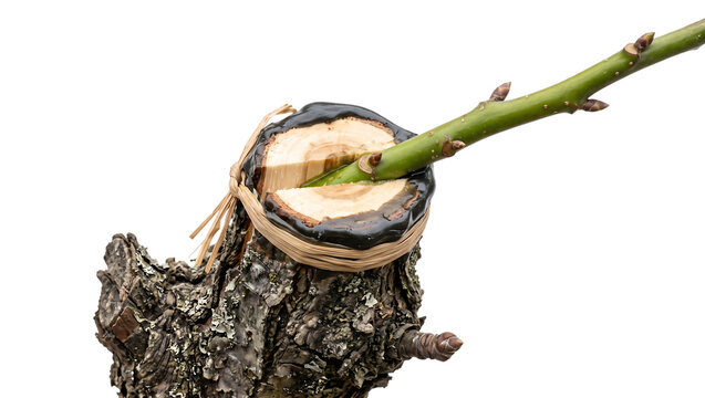 Grafted tree branch sealed with black grafting wax and raffia binding isolated on transparent background