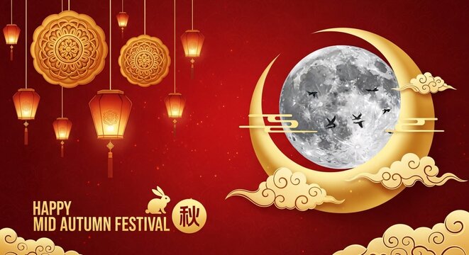 Happy mid autumn festival greeting card with golden lanterns and moon on red background