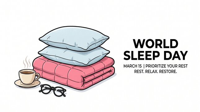 Stacked soft pillows on a folded pink quilted blanket with a hot ceramic coffee mug and dark glasses illustrated in a clean hand drawn style for world sleep day event.