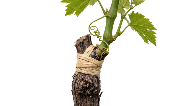 Young grape vine graft tied with natural raffia fiber isolated on transparent background
