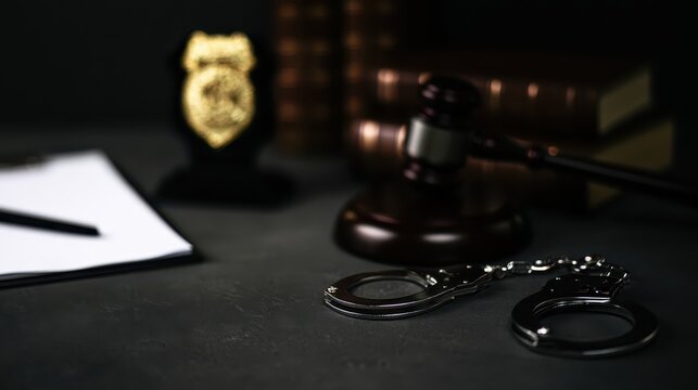 Judge gavel and law books on dark desk with blurred legal portrait in background for courtroom authority
