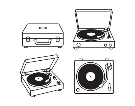 Hand drawn doodle outline style of record player and suitcase turntable icons shown in four views with closed portable case, open spinning vinyl, angled player, and top view