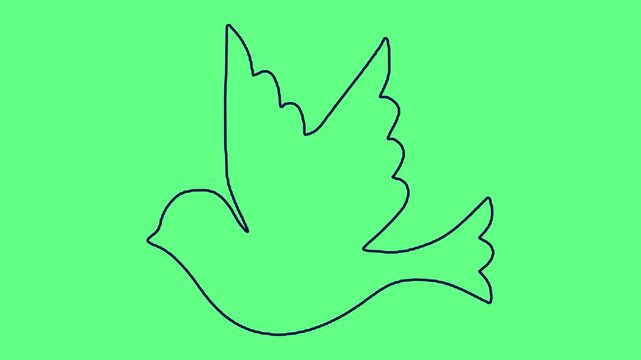 Minimalist continuous line animation of flying dove symbolizing peace on green background.