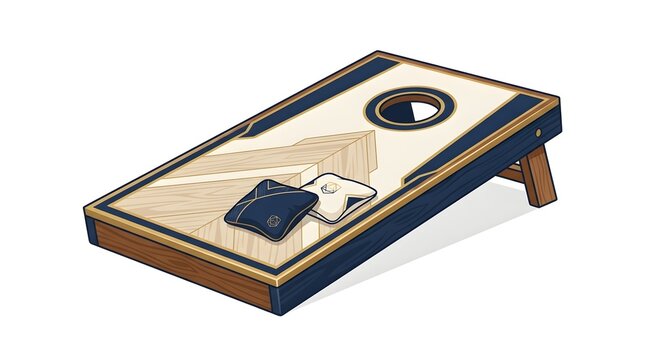 Cornhole game board with bean bags in an isometric view