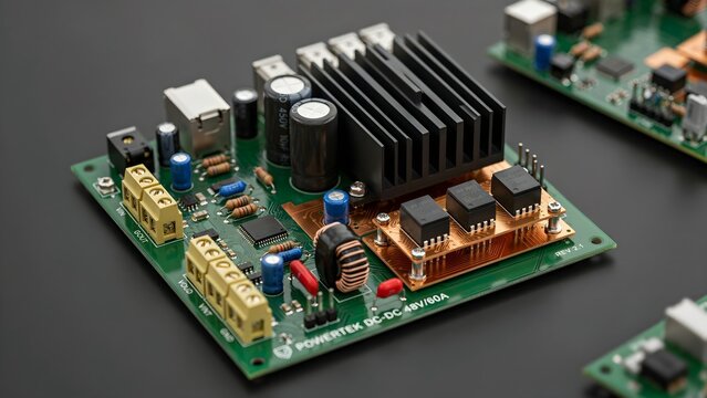 Close-up of a Circuit Board with Components and Heatsink Design