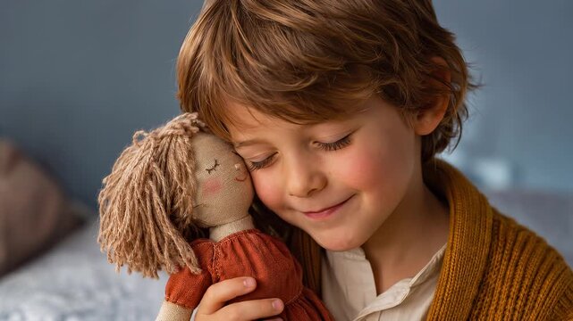Tender Boy Kissing a Handmade Doll and Breaking Gender Stereotypes Through Play