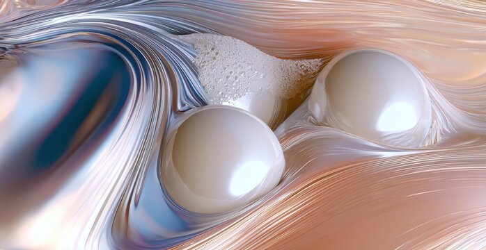 Abstract fluid swirl background with glossy spheres and liquid motion texture