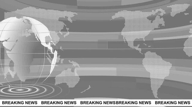 Global earth rotating Digital World News Studio Background for news report and breaking news. Breaking News Template intro for TV broadcast news show program, 3d virtual news studio background. 4k