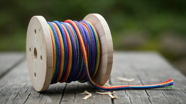Colorful braided rope on wooden spool in natural outdoor setting