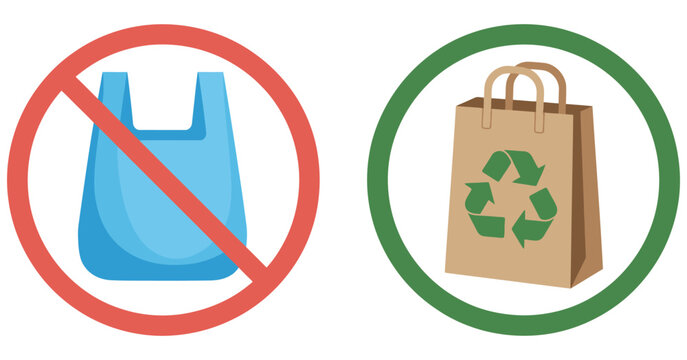 no plastic bag prohibition and paper bag allowed sign set, reusable paper bags, recycle symbol, environmental protection, waste reduction, sustainability, eco friendly shopping, vector illustration.

