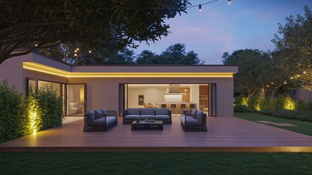 Modern luxury house patio with outdoor lounge seating furniture on wooden deck at dusk luxury home backyard design evening lighting sofa set