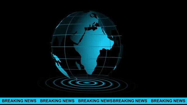 Globe digital news background, global earth rotating Digital World News Studio Background for news report and breaking news, Breaking News Template intro for TV broadcast news