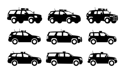 Police SUV Vector Icons, Black Law Enforcement Vehicles Set, Security Patrol Cars Collection © Niloy