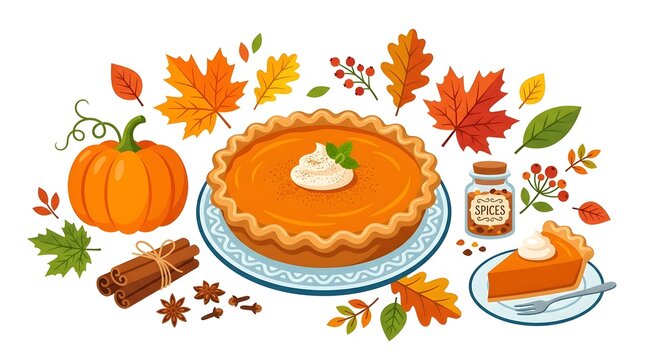 A festive Thanksgiving pumpkin pie illustration with autumn leaves, spices, and a pumpkin
