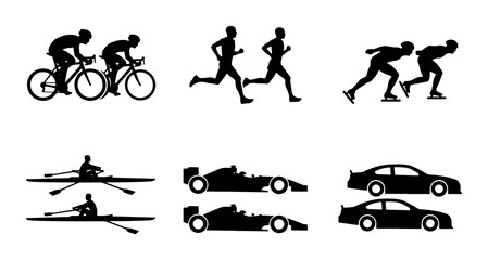 Fototapeta premium Sports Icons Set: Cycling, Running, Skating, Rowing, Racing Cars, Automobiles Vector Graphics