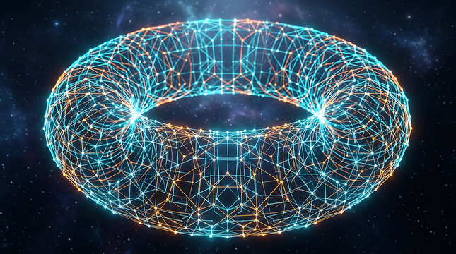 A torus shaped network structure with glowing lines floats against a dark starry backdrop