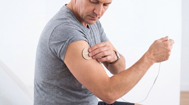 Man placing TENS unit electrode on arm for pain relief therapy